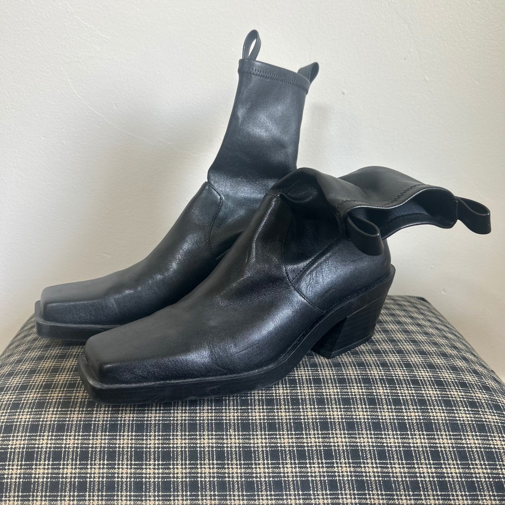 Zara Square Toe Block Heel Leather Sock Ankle Boots Size 39 Black